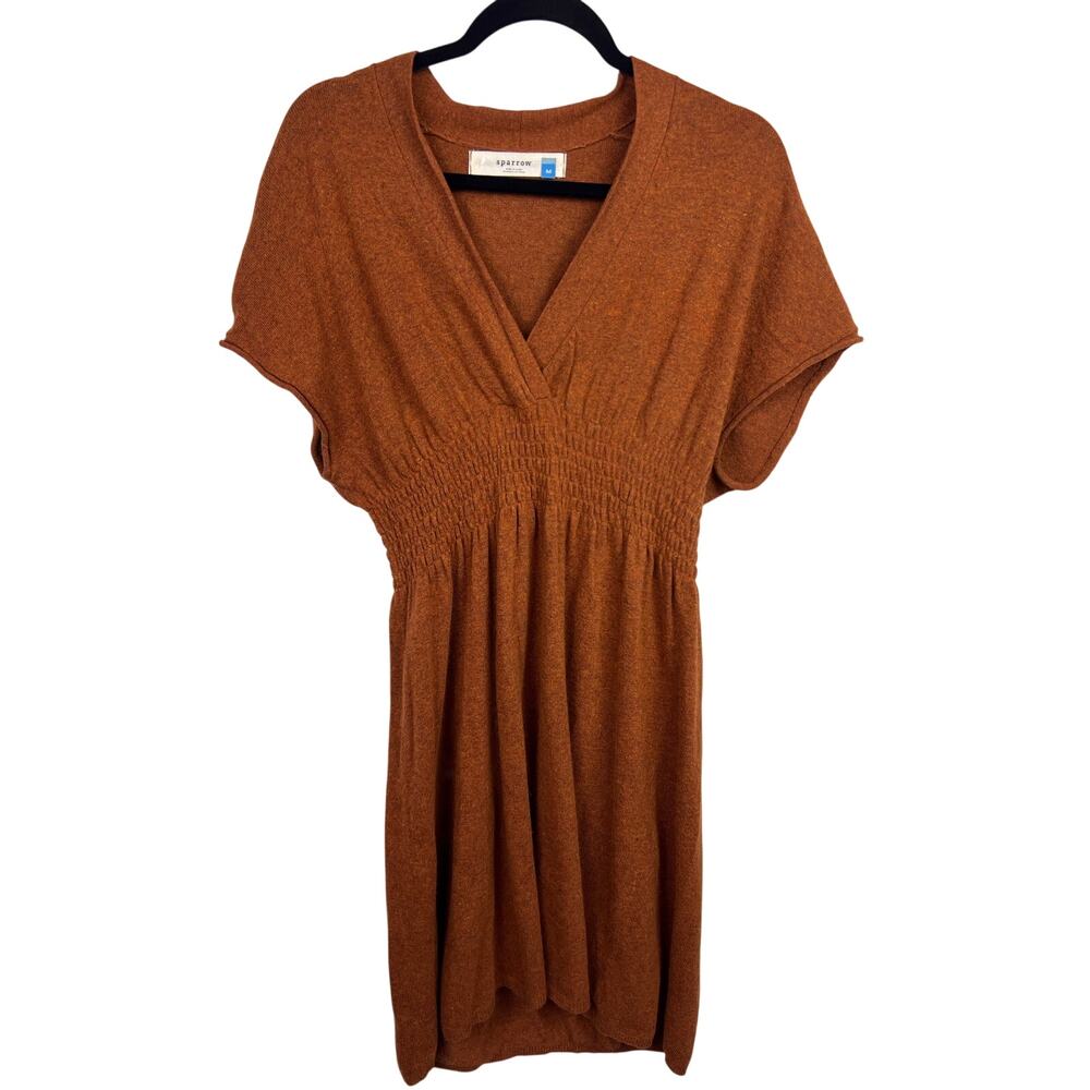 Sparrow Sweater Dress Rust Knit Smocked Waist V Neck Short Sleeve Boho Fall M